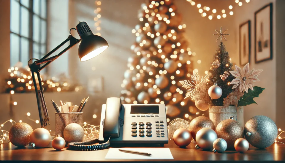 Ein unbesetzter Schreibtisch mit einem Telefon, umgeben von dezenten Weihnachtsdekorationen wie Lichterketten, kleinen Ornamenten und einem Mini-Weihnachtsbaum.