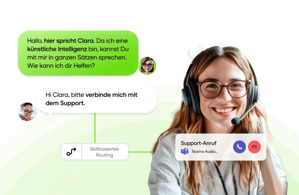 Dialog zwischen der KI Clara und einem Kunden, der zum Support weitergeleitet wird. Der Kundenservice-Mitarbeiter nimmt den Anruf über Microsoft Teams entgegen.