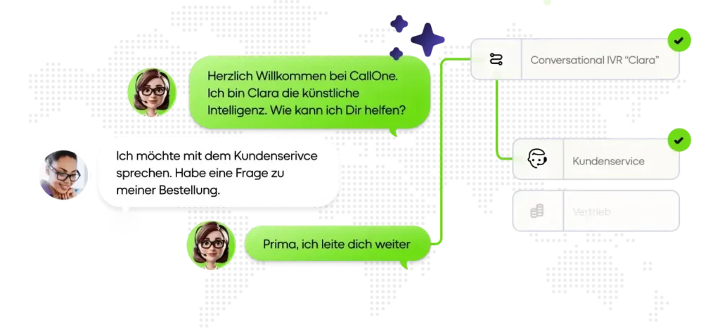 Dialog zwischen einer KI namens Clara und einem Kunden, der zum Kundendienst entsprechend der Routingeinstellungen weitergeleitet wird. Der Kundendienstmitarbeiter begrüßt den Kunden und bietet Hilfe bei einer Bestellung an.