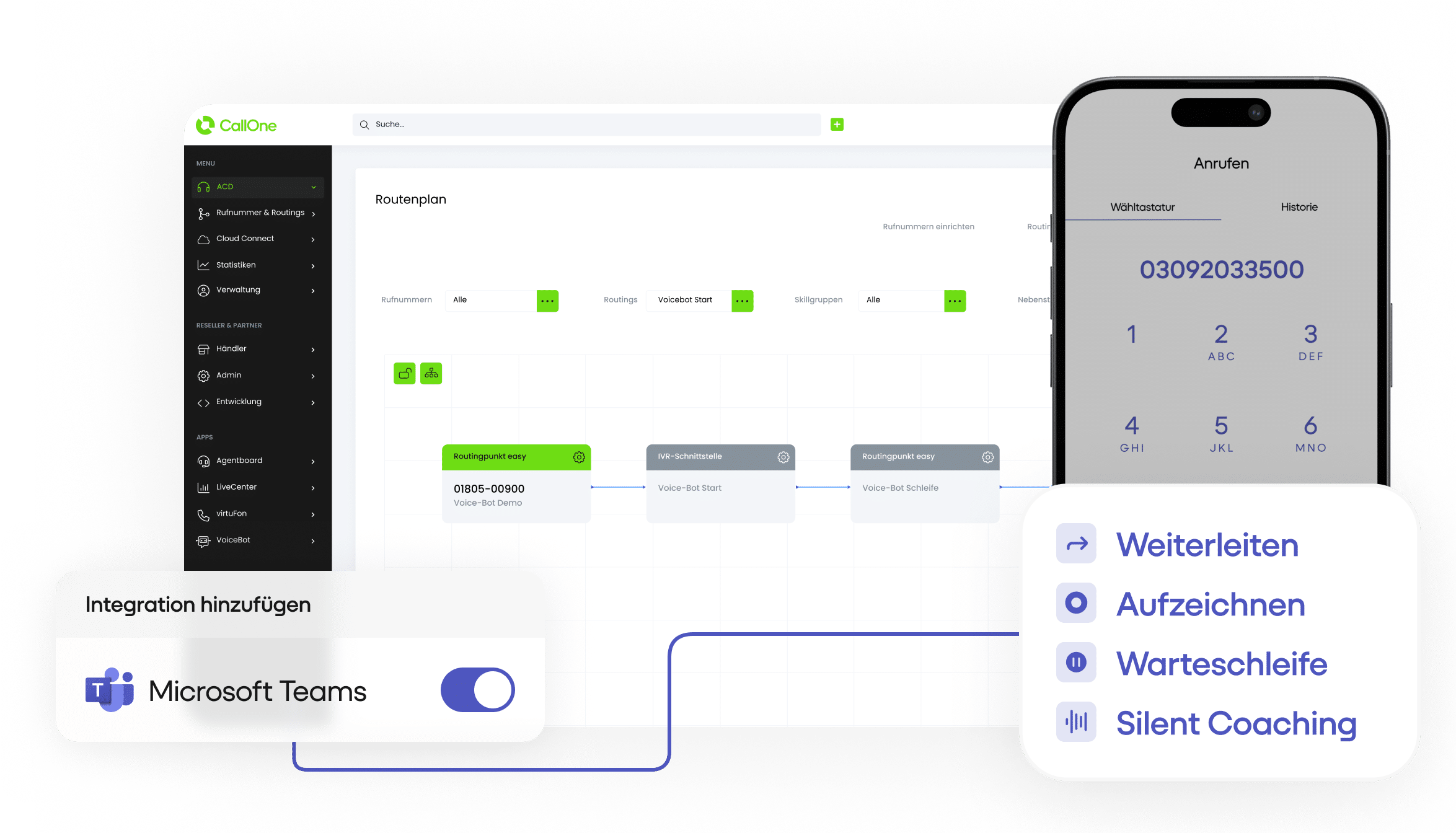 Oberfläche der CallOne Plattform zur Konfiguration von Routings mit verschiedenen Punkten und Verbindungen im Dark Mode. Mobiltelefonbildschirm von Teams Telefonie mit der eingegebenen Rufnummer 03092033500 und den Zifferntasten zur Eingabe von Telefonnummern.