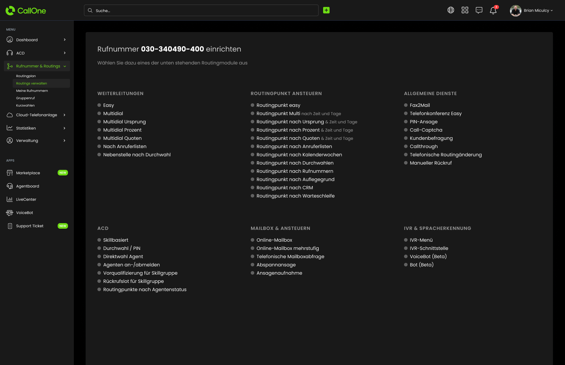 rufnummer routing einstellungen dark mode