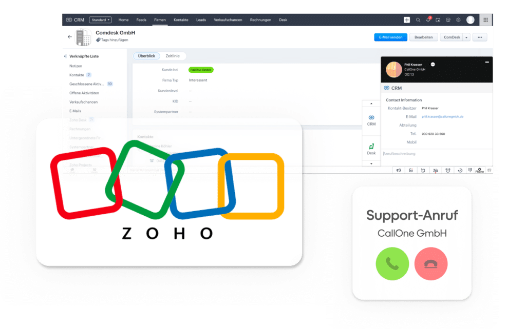 ZOHO in Telefonanlage integriert, um Anrufe direkt im CRM anzunehmen.